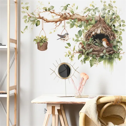 Miniatura 5 de Vinilo decorativo de nido de pájaro y rama de árbol, adhesivo decorativo de vinilo para pared de rama de árbol grande con diseño de cesta colgante