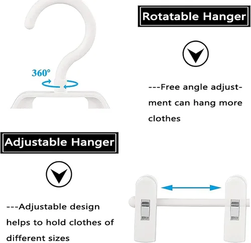 Miniatura 3 de Perchas de plástico para pantalones con clips, 10 perchas para pantalones con clips giratorios y ajustables de 360°, colgador de ropa apilable