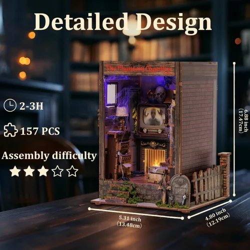 Miniatura 3 de Kit de rincón de libro, kit de casa de muñecas en miniatura 3D de madera para adultos, la cámara fantasma embrujada Booknook con luz LED
