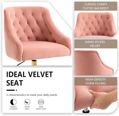 Miniatura 5 de Silla de Oficina para el Hogar, Silla Giratoria de Terciopelo Ajustable de Acento/Tocador con Brazos y Ribete de Tachuelas para Dormitorio, para Rosa
