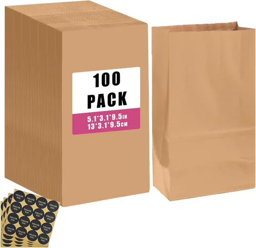 Miniatura 16 de qiqee 100 bolsas de regalo de papel de tamaño mediano con asas a granel de 7.6 x 4.75 x 10.5 pulgadas, bolsas de regalo marrones para múltiples usos