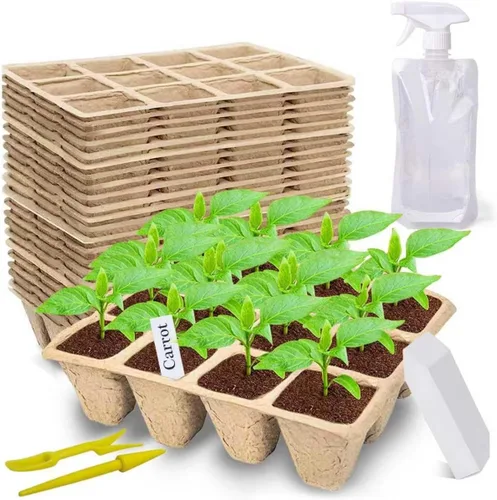 Miniatura 8 de Bandeja de inicio de semillas de 120 celdas, paquete de 10 macetas de turba biodegradables con 100 etiquetas, kit de inicio de plantas para plántulas