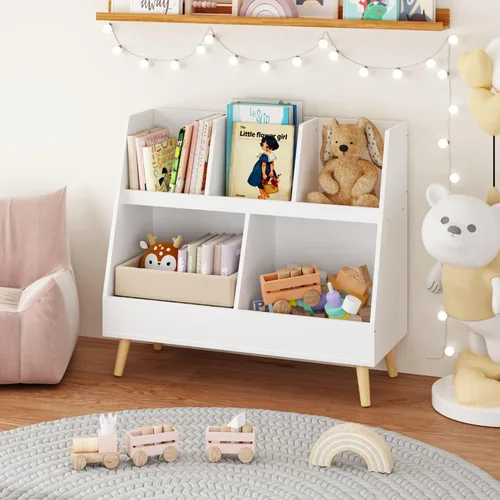 Miniatura 4 de GDFStudio Estantería para niños y organizador de almacenamiento de juguetes, 5 cubículos, estantería abierta de madera con 2 cubos grandes y patas