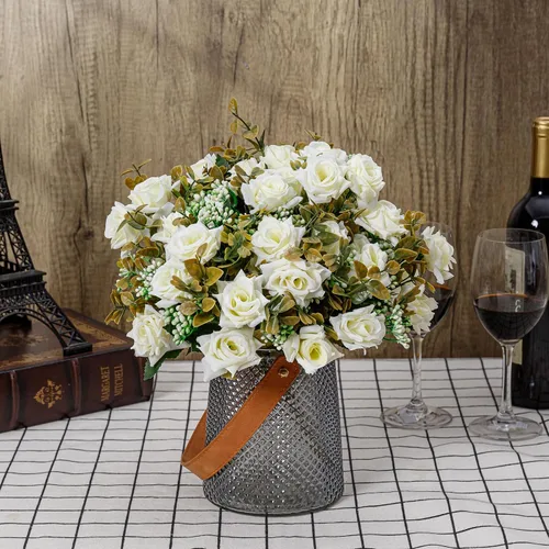 Miniatura 5 de Flores artificiales, 5 racimos, 24 rosas pequeñas de seda falsa, arreglo de flores de plástico para ramos de boda, decoración del hogar, centros