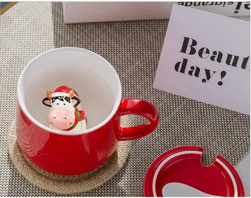 Miniatura 6 de Bonita taza de cerámica de vaca de Navidad, pintada a mano, novedosa taza de animales en 3D, tazas personalizadas de té de chocolate con leche