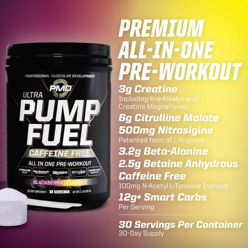 Miniatura 9 de PMD Sports Pump Fuel Ultra Caffeine Free - Polvo de preentrenamiento y bomba muscular premium, mayor enfoque, resistencia y recuperación, creatina