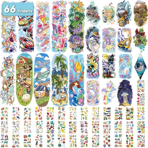 Miniatura 2 de EMOME Mangas de tatuaje para niños, 66 hojas de tatuajes temporales para niñas y niños, calcomanías de tatuajes falsos con temática de sirena