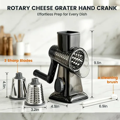 Miniatura 5 de HANSGO Rallador de queso giratorio de mano, triturador rebanador y molinillo, 3 cuchillas metálicas de gran diámetro y cepillo de limpieza, base