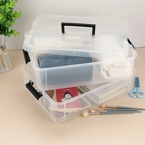 Miniatura 2 de BTSKY Caja de almacenamiento portátil multiusos de 2 capas, organizador de almacenamiento portátil multiusos para organizar papelería, costura, Negro