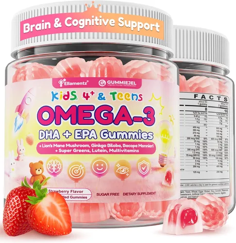 Omega 3 para niños y adolescentes, vitaminas de enfoque para niños con melena de león, súper verdes, luteína, metil B12 B9, para enfoque cerebral,