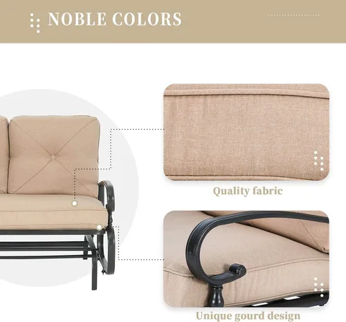 Miniatura 7 de SUNCROWN Silla mecedora al aire libre, silla mecedora de 2 asientos para patio, sofá biplaza con cojines, muebles de marco de acero, color marrón