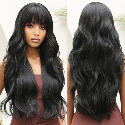 Allbell Pelucas negras onduladas con flequillo para mujer, peluca larga y rizada negra con flequillo, peluca sintética negro con flequillo grueso