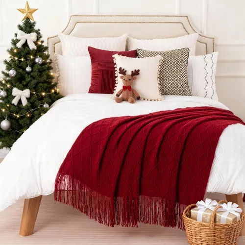 Miniatura 3 de BATTILO HOME Manta roja decorativa de Navidad para sofá, mantas boho para el pie de la cama, mantas decorativas rojas para sofá y sala de estar, 50