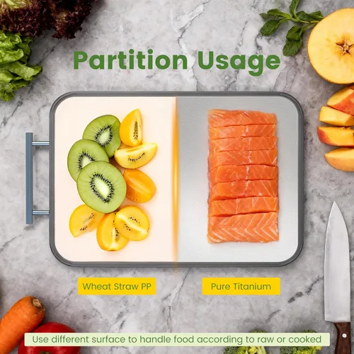 Miniatura 5 de Tablas de cortar de titanio para cocina, tabla de cortar 2 en 1 no tóxica de doble cara, titanio puro de grado alimenticio y paja de trigo PP, fácil