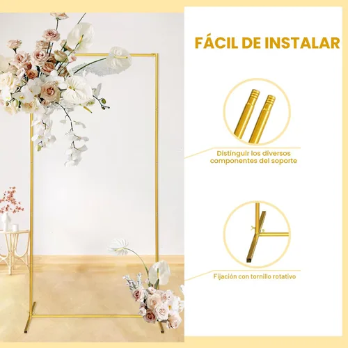 Miniatura 3 de Soporte de fondo de arco de boda dorado, globo cuadrado de 6.6 x 3.3 pies y marco de metal de flores para ceremonia, aniversario, fiesta, decoración