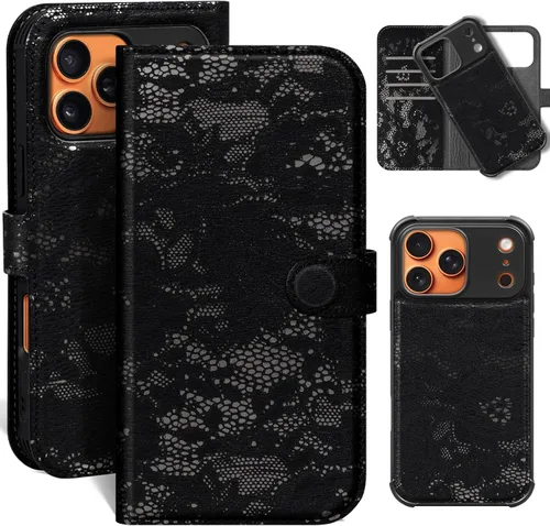 Miniatura 10 de Funda de cuero compatible con iPhone 16 Pro Max Cartera 6.9", cuero genuino 2 en 1, magnética, desmontable, a prueba de golpes, funda tipo folio