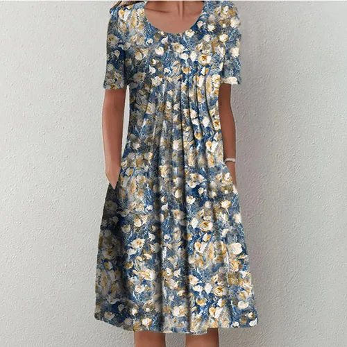 Miniatura 2 de Vestido de manga corta con cuello redondo y estampado floral para mujer, con bolsillos, casual, holgado, para invitadas