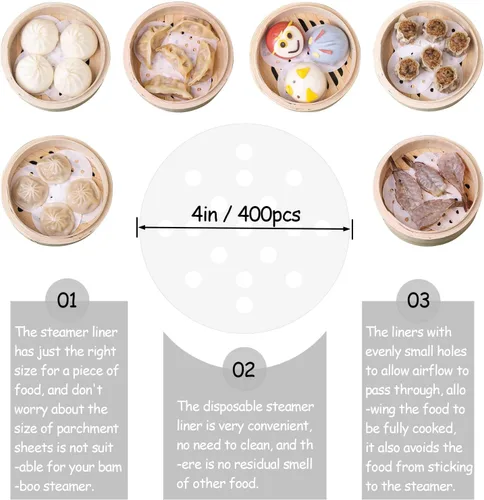 Miniatura 2 de 400 piezas de pequeños liners para vaporera de bambú, papel antiadherente mini para bollos al vapor y dumplings (10 cm)
