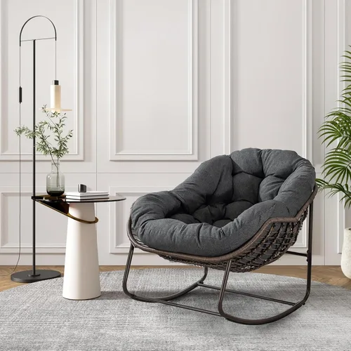 Antetek Silla mecedora para patio al aire libre, cómoda silla de mimbre con cojín acolchado, mecedora de gran tamaño para interiores y exteriores,