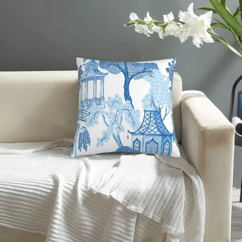 Miniatura 5 de VARUN Fundas de almohada vintage de árboles de pagoda china con patrón floral sin costuras, diseño chino azul dibujado a mano, fundas de almohada