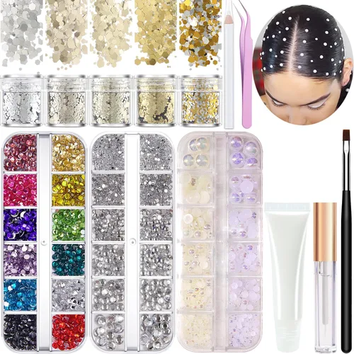 Gemas de diamantes de imitación para el cabello con pegamento de maquillaje, parte trasera plana, joyas coloridas de cristal medio redondo perla