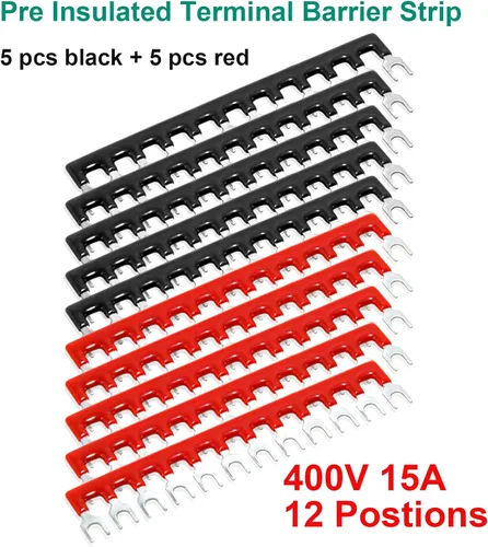 Miniatura 5 de Bloque de terminales y tira – 5 bloques de terminales de tornillo de doble fila de 12 posiciones de 600 V 15 A con cubierta + 10 tiras de puente