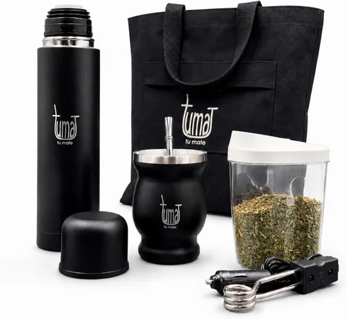 Kit completo de yerba mate, incluye taza mate, popote (Bombilla), termo de 25.4 fl oz, bolsa y dos regalos (contenedor de yerbero y calentador de