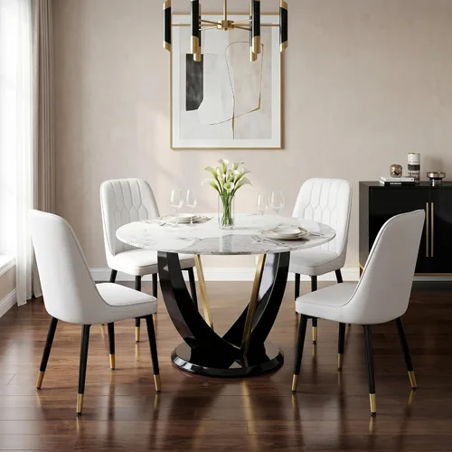 Miniatura 22 de Juego de mesa de comedor redonda de 48'' para 4, juego de mesa y sillas de cocina de mármol, conjunto de 4, mesa redonda con pata de MDF negro