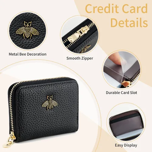 Miniatura 4 de WOZEAH Tarjetero de cuero para mujer, cartera con bloqueo RFID, con cremallera, tarjetero, para negocios, Negro, Sólido
