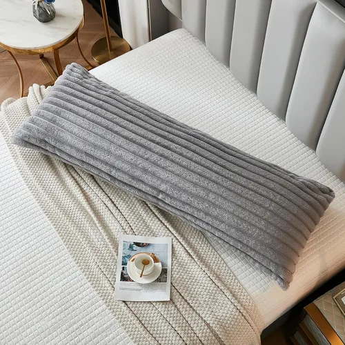 Miniatura 28 de Juego de 2 fundas de almohada para cama tamaño king, fundas de cojín rectangulares lumbares con diseño de rayas, forro de piel de conejo sintética