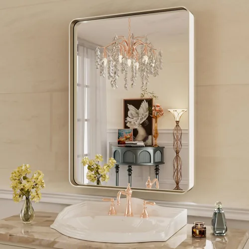 Miniatura 86 de WEER - Espejo de baño dorado, espejo de 40x32 pulgadas con marco de metal dorado cepillado, espejo de tocador de baño de oro para pared