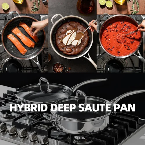 Miniatura 7 de DELUXE Sartén de cerámica híbrida antiadherente de 3.7 cuartos de galón con tapa, sartén de acero inoxidable con asas que se mantienen frías, apta