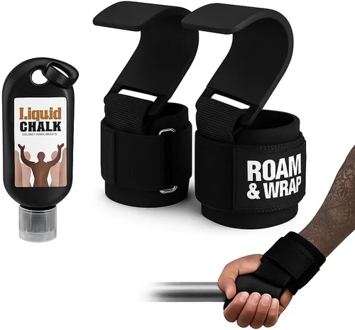 Precio introductorio + Roam & Wrap de tiza líquida de 1.7 fl oz – Nuevos ganchos de levantamiento de pesas premium para hombres y mujeres (par) –
