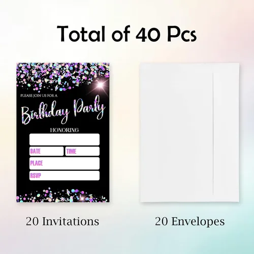 Miniatura 2 de Invitaciones de cumpleaños para niña, 20 invitaciones temáticas de lentejuelas con purpurina de doble cara con sobres para niña, recuerdo de fiesta