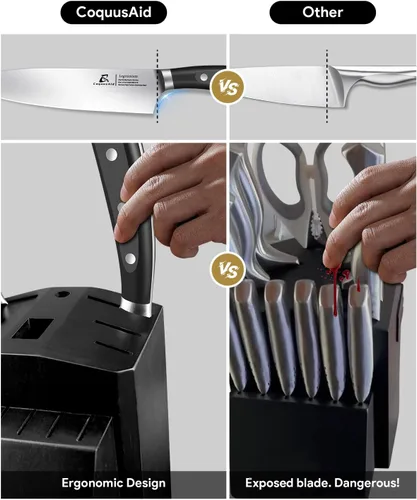 Miniatura 5 de Juego de cuchillos, juegos de bloques de cuchillos de cocina con afilador, juego de 6 cuchillos para carne ondulados con bloque, 15 piezas de Negro