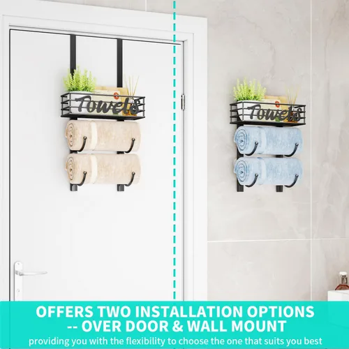 Miniatura 2 de HapiRm Toalleros para almacenamiento de baño, 3 niveles sobre la puerta y montaje en pared, organizador de toallas enrollado con cesta de estante