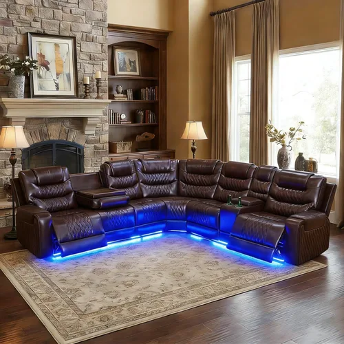 Miniatura 28 de Juego de sofá modular reclinable eléctrico para sala de estar, juego de sofá reclinable de cuero con luces LED / almacenamiento oculto, sofá