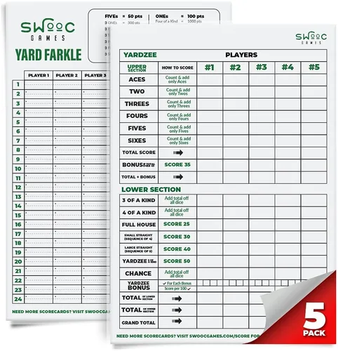 Miniatura 7 de SWOOC Games® - 5 tarjetas de puntuación grandes laminadas prémium Yardzee y Farkle (11.5 x 8 pulgadas) con reglas - Almohadillas grandes