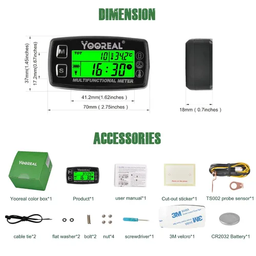 Miniatura 8 de Yooreal Medidor de horas, tacómetro, medidor de temperatura del motor, alerta de temperatura, apagado del usuario, sonda de temperatura extraíble