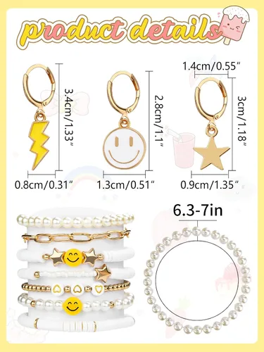Miniatura 23 de Preppy Heishi - Juego de pulseras de surfista para niñas adolescentes, bonitos aretes estéticos, anillos estéticos preppy coloridos de oro blanco
