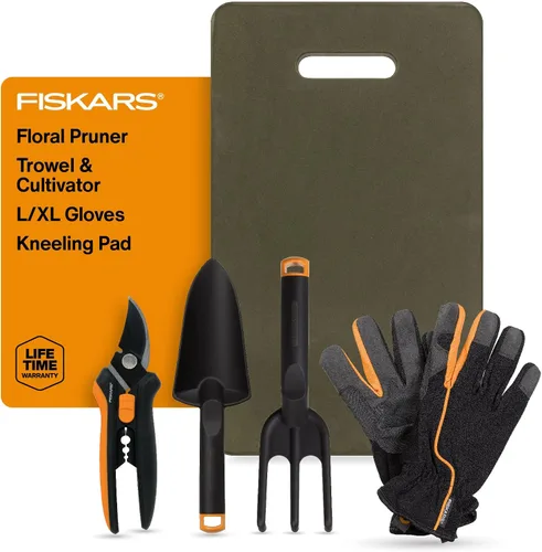Fiskars Juego de herramientas de jardinería para flores con podador floral, paleta, cultivador, guantes de jardín y almohadilla de rodillas