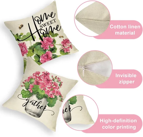 Miniatura 4 de Juego de 4 fundas de almohada decorativas de flores de geranio rosa de 16 x 16 pulgadas, decoración de fundas de cojín de tarro de masón floral