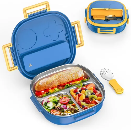 Miniatura 16 de Pequeña mini caja Bento o caja de aperitivos con 3 compartimentos extraíbles de acero inoxidable y cubiertos para bebé de 0 a 24 meses, a prueba