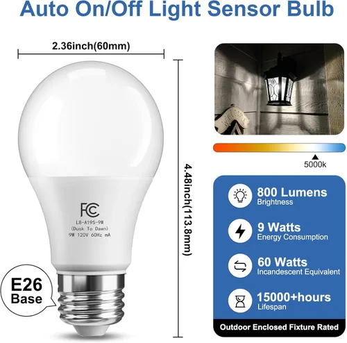 Miniatura 2 de TJOY Bombillas LED A19 con sensor de luz para exteriores, bombilla LED A19, bombilla de fotocélula automática de encendido/apagado para iluminación