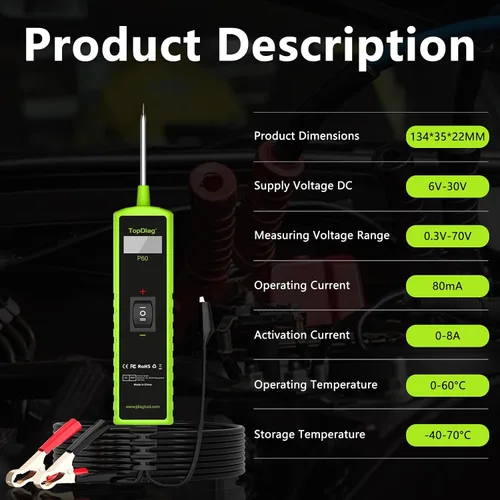 Miniatura 8 de Topdiag Probador de sonda de circuito de potencia automotriz P60, Kit de sonda de circuito de alimentación de 12-24V, Buscador de automóvil