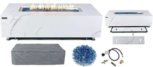 Miniatura 106 de Elementi+ Mesa de Fuego de Gas Colorado de Hormigón Fundido de 56" Rectangular, Hoguera al Aire Libre con Ignición Electrónica Incluye Cubierta