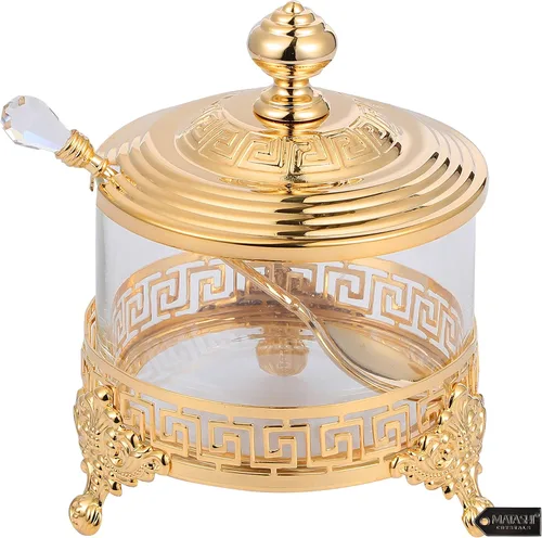 Matashi Azucarero chapado en oro de 24 quilates, plato de miel, cuenco de cristal con diseño contemporáneo con cuchara tachonada de cristal,