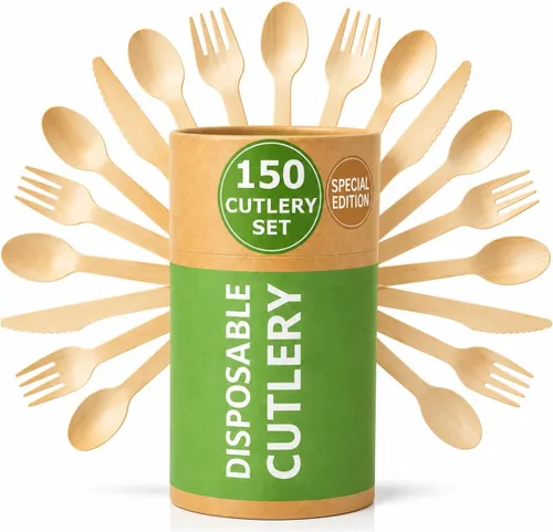 Juego de cubiertos compostables de edición especial (150 piezas) – Juego de cubiertos de madera desechables – Alternativa al plástico, ecológico,