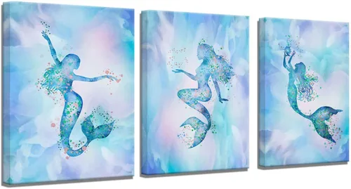 Arte de pared moderno de sirena para dormitorio, decoración colorida, 12 x 16 pulgadas, 3 piezas Azul