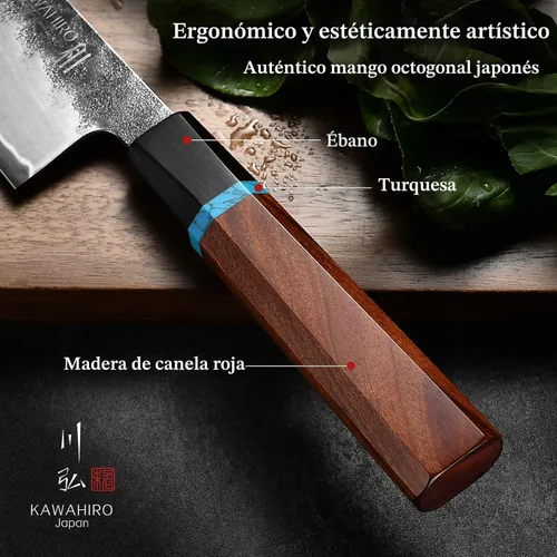 Miniatura 6 de Cuchillo de chef japonés KAWAHIRO, cuchillo de cocina forjado negro de 210mm VG10, cuchillo de chef profesional hecho a mano con mango ergonómico